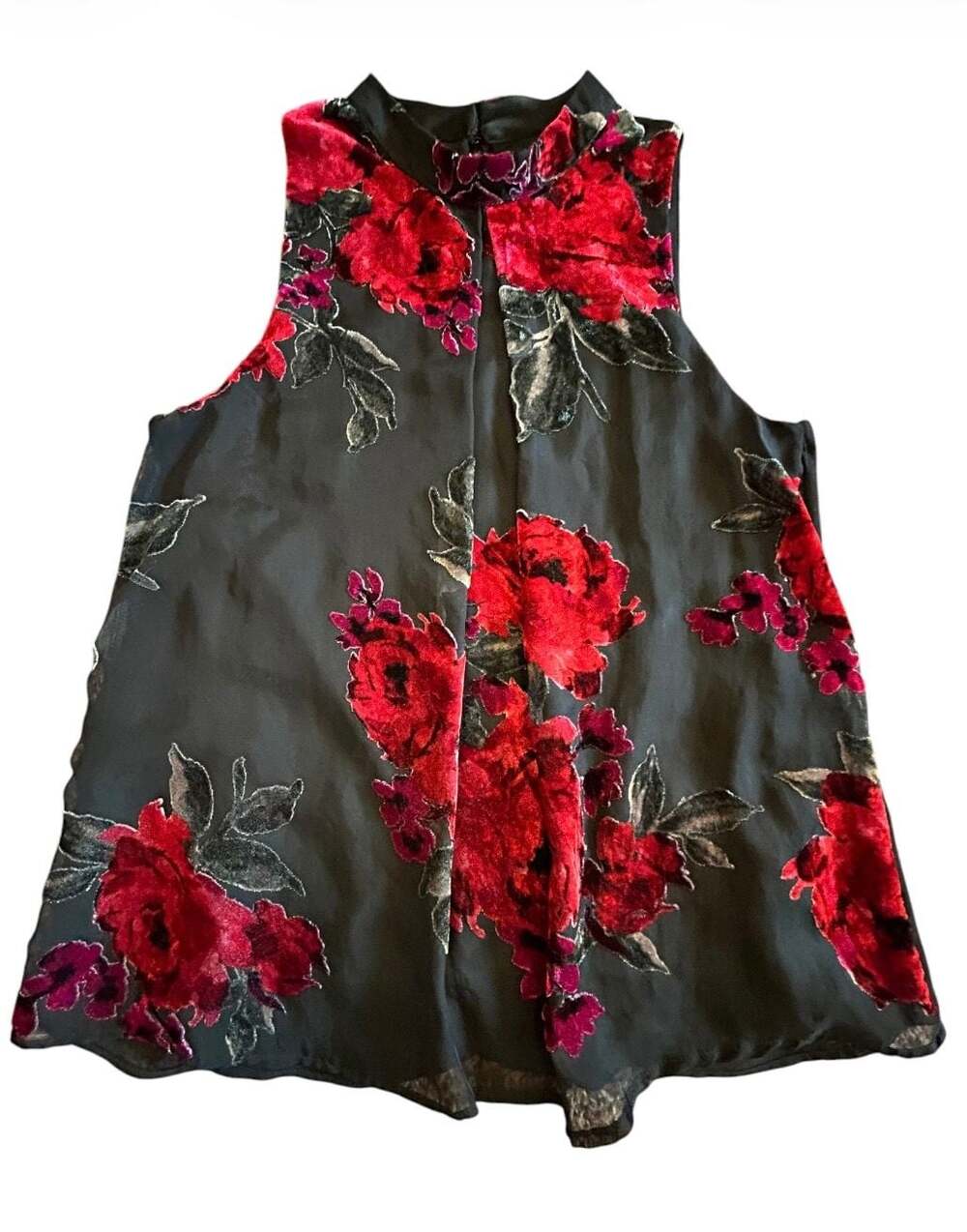 A. Byer Black Halter Top with Red Rose Velvet Burnout Floral Pattern Women's Med